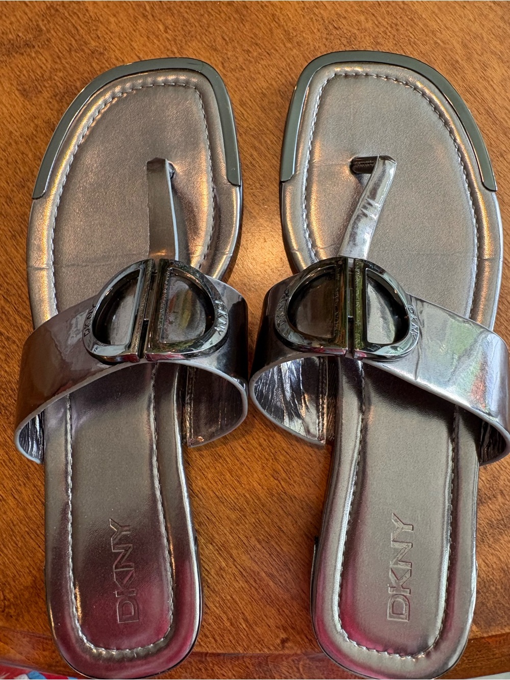 DKNY Metallic Gunmetal Toe-Post Slide Sandals
